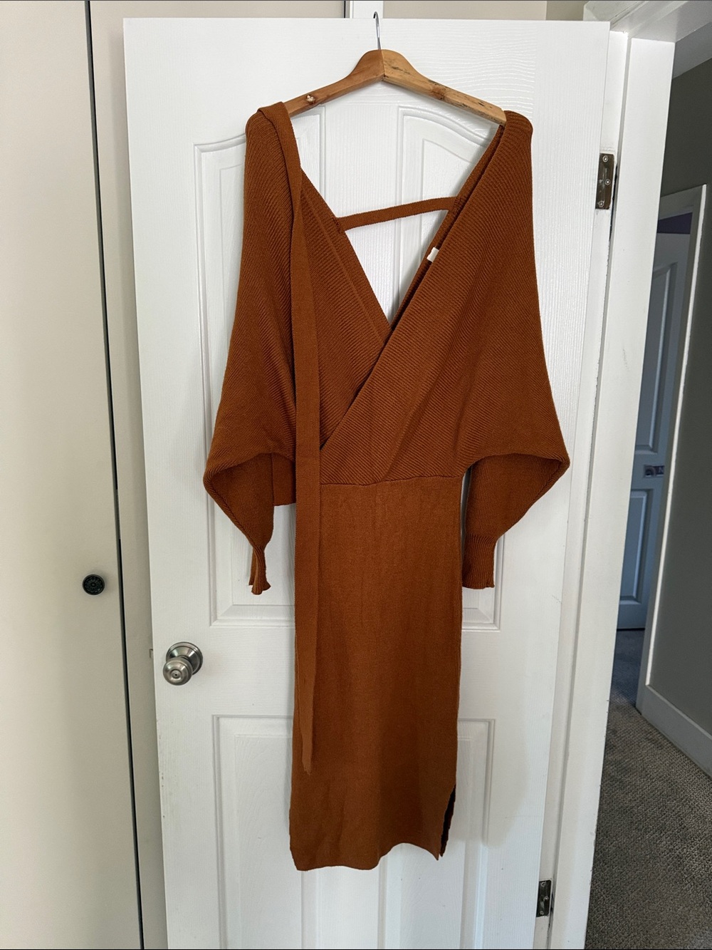 Wrap-Style Knit Midi Dress in Rust Brown